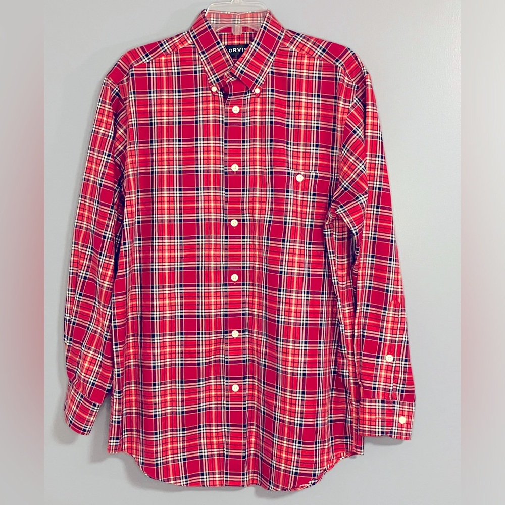 Men's Orvis Size Medium Button Down Long Sleeve Shirt Blue Red Plaid